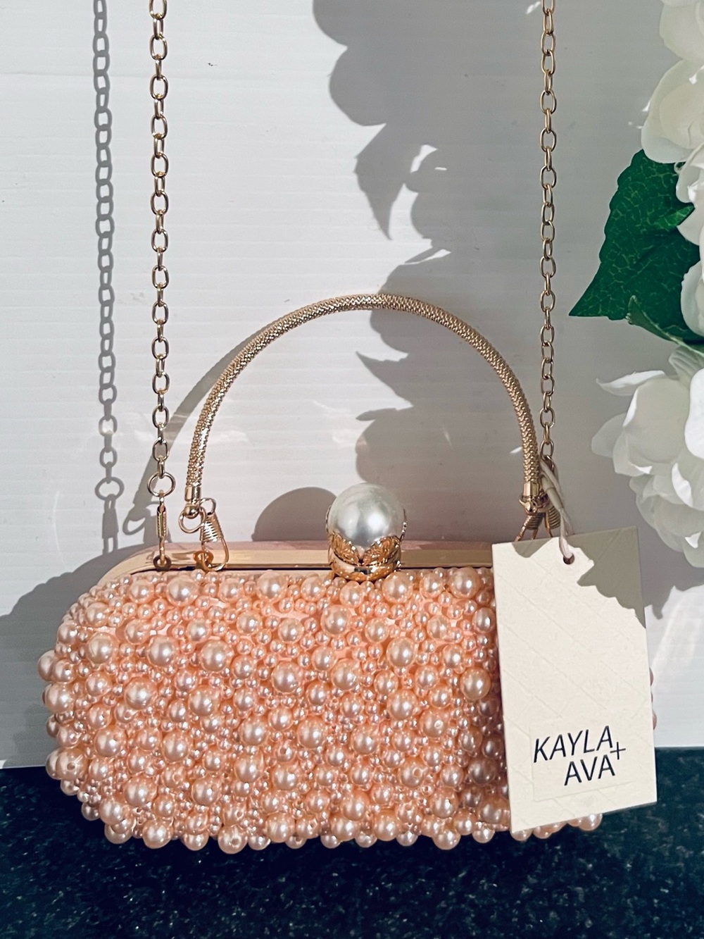 Pearl-Embellished Clutch with Gold Chain